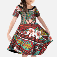 Personalised Hawaii Tribal Humpback Whale Family Matching Short Sleeve Bodycon Dress and Hawaiian Shirt Ulaula Hibiscus Seamless Pattern LT9 Daughter's Dress Red - Polynesian Pride