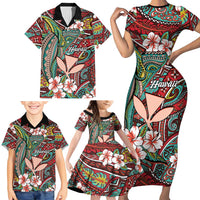 Personalised Hawaii Tribal Humpback Whale Family Matching Short Sleeve Bodycon Dress and Hawaiian Shirt Ulaula Hibiscus Seamless Pattern LT9 - Polynesian Pride