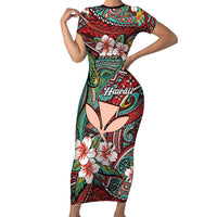 Personalised Hawaii Tribal Humpback Whale Short Sleeve Bodycon Dress Ulaula Hibiscus Seamless Pattern