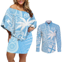 Custom Indo Fijians Couples Matching Off Shoulder Short Dress and Long Sleeve Button Shirt Fiji ke Hindustani Polyneisan Paisley Blue Style LT9 Blue - Polynesian Pride
