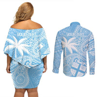 Custom Indo Fijians Couples Matching Off Shoulder Short Dress and Long Sleeve Button Shirt Fiji ke Hindustani Polyneisan Paisley Blue Style LT9 - Polynesian Pride