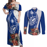 Blue Guam Hafa Adai Couples Matching Off Shoulder Maxi Dress and Long Sleeve Button Shirt Tropical Flowers with Polynesian Pattern