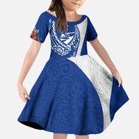 Blue Guam Hafa Adai Family Matching Long Sleeve Bodycon Dress and Hawaiian Shirt Tropical Flowers with Polynesian Pattern LT9 Daughter's Dress Blue - Polynesian Pride
