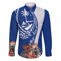 Blue Guam Hafa Adai Family Matching Long Sleeve Bodycon Dress and Hawaiian Shirt Tropical Flowers with Polynesian Pattern LT9 Dad's Shirt - Long Sleeve Blue - Polynesian Pride
