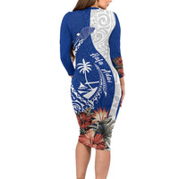 Blue Guam Hafa Adai Family Matching Long Sleeve Bodycon Dress and Hawaiian Shirt Tropical Flowers with Polynesian Pattern LT9 - Polynesian Pride