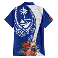 Blue Guam Hafa Adai Family Matching Off The Shoulder Long Sleeve Dress and Hawaiian Shirt Tropical Flowers with Polynesian Pattern