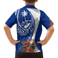 Blue Guam Hafa Adai Family Matching Short Sleeve Bodycon Dress and Hawaiian Shirt Tropical Flowers with Polynesian Pattern