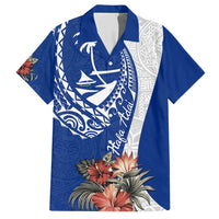 Blue Guam Hafa Adai Family Matching Short Sleeve Bodycon Dress and Hawaiian Shirt Tropical Flowers with Polynesian Pattern