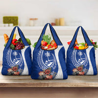 Blue Guam Hafa Adai Grocery Bag Tropical Flowers with Polynesian Pattern