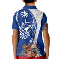 Blue Guam Hafa Adai Kid Polo Shirt Tropical Flowers with Polynesian Pattern