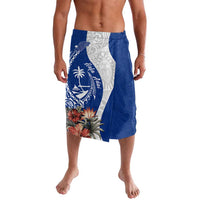 Blue Guam Hafa Adai Lavalava Tropical Flowers with Polynesian Pattern