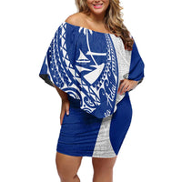 Blue Guam Hafa Adai Off Shoulder Short Dress Tropical Flowers with Polynesian Pattern