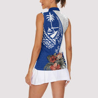 Blue Guam Hafa Adai Women Sleeveless Polo Shirt Tropical Flowers with Polynesian Pattern