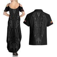 Queensland Maori Rugby Nga Hau e Wha Couples Matching Summer Maxi Dress and Hawaiian Shirt Black Motif LT9 - Polynesian Pride