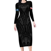 Queensland Maori Rugby Nga Hau e Wha Family Matching Long Sleeve Bodycon Dress and Hawaiian Shirt Black Motif LT9 Mom's Dress Black - Polynesian Pride