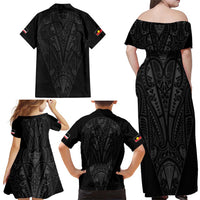 Queensland Maori Rugby Nga Hau e Wha Family Matching Off Shoulder Maxi Dress and Hawaiian Shirt Black Motif LT9 - Polynesian Pride