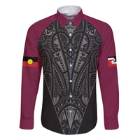 Queensland Maori Rugby Nga Hau e Wha Family Matching Short Sleeve Bodycon Dress and Hawaiian Shirt Maroon Motif LT9 Dad's Shirt - Long Sleeve Maroon - Polynesian Pride