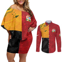 Custom British Lions-AUNZ Couples Matching Off Shoulder Short Dress and Long Sleeve Button Shirt Australia-New Zealand Indigenous Motif LT9 Red - Polynesian Pride