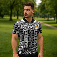 Fiji Custom Rugby National Heritage Zipper Polo Shirt Black Traditional Masi Inspired LT9 - Polynesian Pride