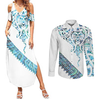 Kahui Whetu Paua shell Kowhaiwhai Taniko Personalised Couples Matching Summer Maxi Dress and Long Sleeve Button Shirt Manta Ray Shark-Turtle Maori Tribal Style LT9 Blue - Polynesian Pride