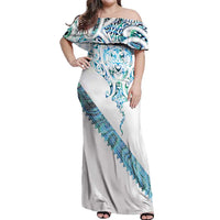 Kahui Whetu Paua shell Kowhaiwhai Taniko Personalised Off Shoulder Maxi Dress Manta Ray Shark-Turtle Maori Tribal Style