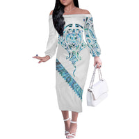 Kahui Whetu Paua shell Kowhaiwhai Taniko Personalised Off The Shoulder Long Sleeve Dress Manta Ray Shark-Turtle Maori Tribal Style LT9 Women Blue - Polynesian Pride