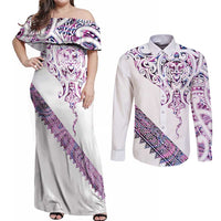Mawhero Paua shell Kowhaiwhai Taniko Personalised Couples Matching Off Shoulder Maxi Dress and Long Sleeve Button Shirt Manta Ray Shark-Turtle Maori Tribal Style LT9 Pink - Polynesian Pride