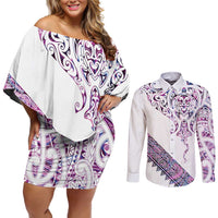 Mawhero Paua shell Kowhaiwhai Taniko Personalised Couples Matching Off Shoulder Short Dress and Long Sleeve Button Shirt Manta Ray Shark-Turtle Maori Tribal Style LT9 Pink - Polynesian Pride