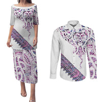 Mawhero Paua shell Kowhaiwhai Taniko Personalised Couples Matching Puletasi and Long Sleeve Button Shirt Manta Ray Shark-Turtle Maori Tribal Style LT9 Pink - Polynesian Pride