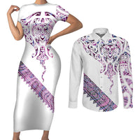 Mawhero Paua shell Kowhaiwhai Taniko Personalised Couples Matching Short Sleeve Bodycon Dress and Long Sleeve Button Shirt Manta Ray Shark-Turtle Maori Tribal Style LT9 Pink - Polynesian Pride