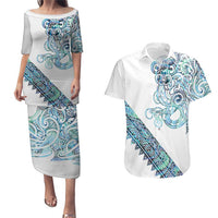 Kahui Whetu Paua shell Kowhaiwhai Taniko Personalised Couples Matching Puletasi and Hawaiian Shirt Taniwha Maori Tribal Style LT9 Blue - Polynesian Pride