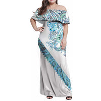 Kahui Whetu Paua shell Kowhaiwhai Taniko Personalised Family Matching Off Shoulder Maxi Dress and Hawaiian Shirt Taniwha Maori Tribal Style LT9 Mom's Dress Blue - Polynesian Pride