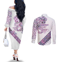 Mawhero Paua shell Kowhaiwhai Taniko Personalised Couples Matching Off The Shoulder Long Sleeve Dress and Long Sleeve Button Shirt Taniwha Maori Tribal Style LT9 - Polynesian Pride