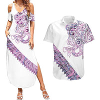 Mawhero Paua shell Kowhaiwhai Taniko Personalised Couples Matching Summer Maxi Dress and Hawaiian Shirt Taniwha Maori Tribal Style LT9 Pink - Polynesian Pride