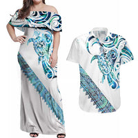 Kahui Whetu Paua shell Kowhaiwhai Taniko Personalised Couples Matching Off Shoulder Maxi Dress and Hawaiian Shirt Turtle Tattoo Maori Tribal Style LT9 Blue - Polynesian Pride