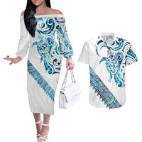 Kahui Whetu Paua shell Kowhaiwhai Taniko Personalised Couples Matching Off The Shoulder Long Sleeve Dress and Hawaiian Shirt Turtle Tattoo Maori Tribal Style LT9 Blue - Polynesian Pride