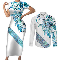 Kahui Whetu Paua shell Kowhaiwhai Taniko Personalised Couples Matching Short Sleeve Bodycon Dress and Long Sleeve Button Shirt Turtle Tattoo Maori Tribal Style LT9 Blue - Polynesian Pride