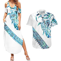 Kahui Whetu Paua shell Kowhaiwhai Taniko Personalised Couples Matching Summer Maxi Dress and Hawaiian Shirt Turtle Tattoo Maori Tribal Style LT9 Blue - Polynesian Pride