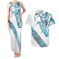 Kahui Whetu Paua shell Kowhaiwhai Taniko Personalised Couples Matching Tank Maxi Dress and Hawaiian Shirt Turtle Tattoo Maori Tribal Style LT9 Blue - Polynesian Pride
