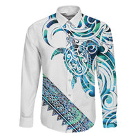 Kahui Whetu Paua shell Kowhaiwhai Taniko Personalised Family Matching Off Shoulder Maxi Dress and Hawaiian Shirt Turtle Tattoo Maori Tribal Style LT9 Dad's Shirt - Long Sleeve Blue - Polynesian Pride