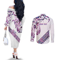 Mawhero Paua shell Kowhaiwhai Taniko Personalised Couples Matching Off The Shoulder Long Sleeve Dress and Long Sleeve Button Shirt Turtle Tattoo Maori Tribal Style LT9 - Polynesian Pride