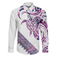 Mawhero Paua shell Kowhaiwhai Taniko Personalised Family Matching Puletasi and Hawaiian Shirt Turtle Tattoo Maori Tribal Style LT9 Dad's Shirt - Long Sleeve Pink - Polynesian Pride