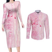 Breast Cancer Awareness Couples Matching Long Sleeve Bodycon Dress and Long Sleeve Button Shirt Maile Pikake Lokelani Crown Flower Lei Inspired LT9 Pink - Polynesian Pride