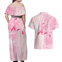 Breast Cancer Awareness Couples Matching Off Shoulder Maxi Dress and Hawaiian Shirt Maile Pikake Lokelani Crown Flower Lei Inspired LT9 - Polynesian Pride