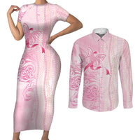 Breast Cancer Awareness Couples Matching Short Sleeve Bodycon Dress and Long Sleeve Button Shirt Maile Pikake Lokelani Crown Flower Lei Inspired LT9 Pink - Polynesian Pride
