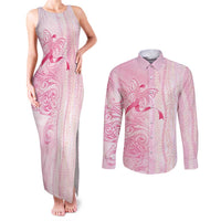 Breast Cancer Awareness Couples Matching Tank Maxi Dress and Long Sleeve Button Shirt Maile Pikake Lokelani Crown Flower Lei Inspired LT9 Pink - Polynesian Pride