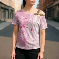 Breast Cancer Awareness Cross Shoulder Shirt Maile Pikake Lokelani Crown Flower Lei Inspired