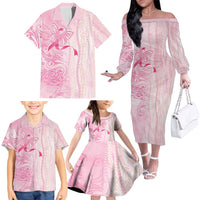 Breast Cancer Awareness Family Matching Off The Shoulder Long Sleeve Dress and Hawaiian Shirt Maile Pikake Lokelani Crown Flower Lei Inspired LT9 - Polynesian Pride