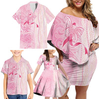 Breast Cancer Awareness Family Matching Off Shoulder Short Dress and Hawaiian Shirt Maile Pikake Lokelani Crown Flower Lei Inspired LT9 - Polynesian Pride
