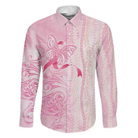 Breast Cancer Awareness Family Matching Puletasi and Hawaiian Shirt Maile Pikake Lokelani Crown Flower Lei Inspired LT9 Dad's Shirt - Long Sleeve Pink - Polynesian Pride